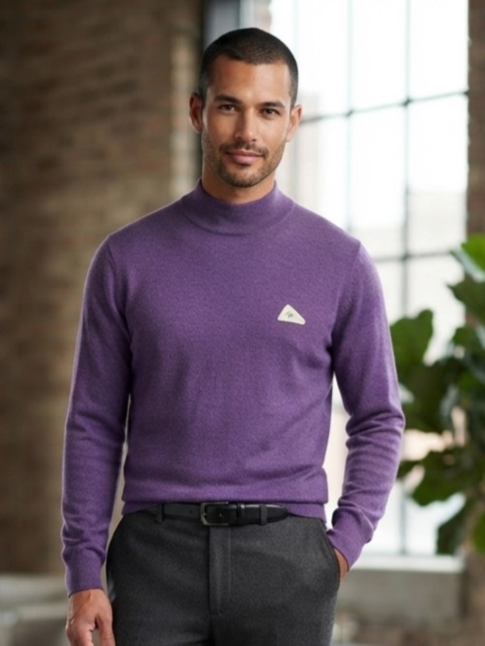 Monte Carlo Men's Purple Turtleneck Sweater - Classic Mock Neck Size Med
